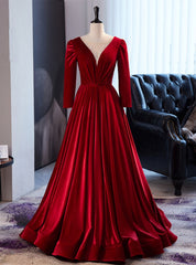 Burgundy Velvet Long Sleeve Beading Prom Dresses