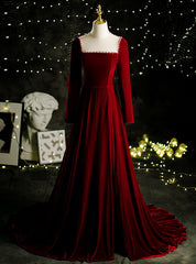 Burgundy Velvet Long Sleeve Pearls Prom Dresses