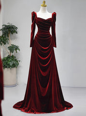 Burgundy Velvet Long Sleeve Pleats Square Neck Prom Dresses