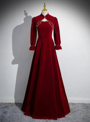 Burgundy Velvet Long Sleeve Prom Dresses