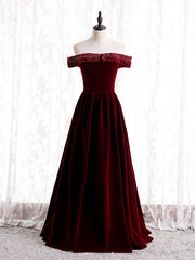 Burgundy Velvet Off the Shoulder Beading Prom Dresses