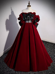 Burgundy Velvet Off the Shoulder Black Bow Prom Dresses