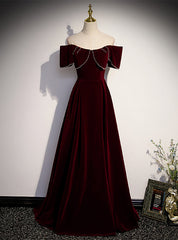 Burgundy Velvet Off the Shoulder Pearls Prom Dresses