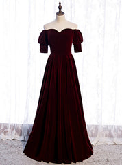 Burgundy Velvet Off the Shoulder Short Sleeve Prom Dresses