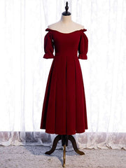 Burgundy Velvet Off the Shoulder Short Sleeve Tea Length Prom Dresses