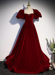 Burgundy Velvet Puff Sleeve Backless Beading Prom Dresses