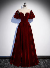 Burgundy Velvet Puff Sleeve Beading Prom Dresses