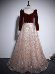 Burgundy Velvet Sequins Long Sleeve Beading Prom Dresses