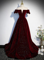 Burgundy Velvet Sequins Off the Shoulder Prom Dresses