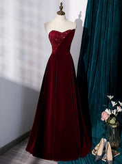 Burgundy Velvet Sequins Strapless Prom Dresses