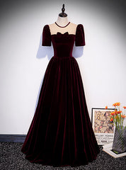 Burgundy Velvet Short Sleeve Bow Prom Dresses