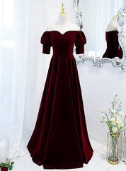 Burgundy Velvet Short Sleeve Long Prom Dresses