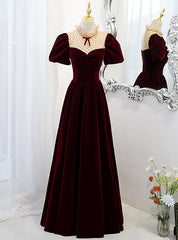 Burgundy Velvet Short Sleeve Prom Dresses