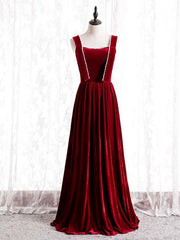 Burgundy Velvet Sleeveless Pearls Long Prom Dresses