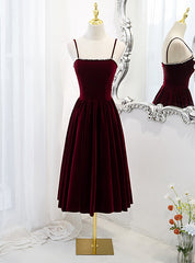 Burgundy Velvet Spaghetti Straps Tea Length Prom Dresses