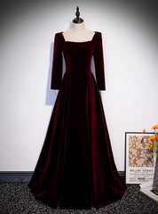 Burgundy Velvet Square Long Sleeve Long Prom Dresses