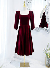 Burgundy Velvet Square Short Sleeve Short Prom Dresses