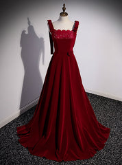 Burgundy Velvet Straps Beading Prom Dresses