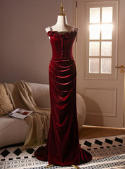 Burgundy Velvet Straps Flower Button Prom Dresses