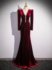 Burgundy Velvet V-neck Long Sleeve Prom Dresses