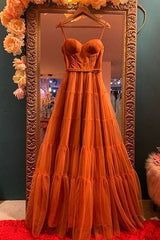 Burnt Orange Straps Tulle A-Line Long Prom Gown Formal Dresses