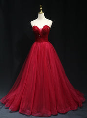 Burundy Tulle Strapless Beading Prom Dresses