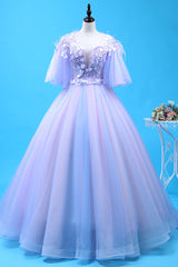 Buy The Newest Purple Ball Gown Tulle Backless See Through V-neck Appliques Quinceanera Dresses