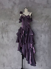 Dark Purple Asymmetrical Layered Flounce Spaghetti Strap Dresses Evening Gown