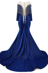 Deep V-neck Shiny Royal Blue Prom Dresses Long sleeves Mermaid Evening Party Dresses