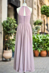 Candy Pink A-Line Halter Sleeveless Pleated Floor-Length Chiffon Bridesmaid Dresses