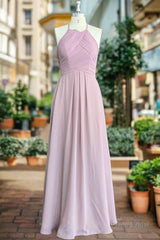 Candy Pink A-Line Halter Sleeveless Pleated Floor-Length Chiffon Bridesmaid Dresses