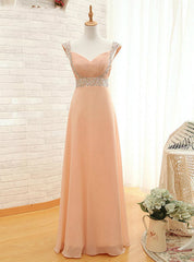 Cap Pink Chiffon Sequins V-neck Backless Bridesmaid Dresses