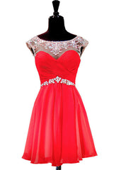 Cap Sleeve Beaded Crystals Backless Red Chiffon Homecoming Dresses