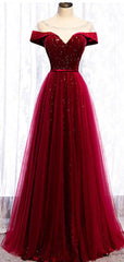 Cap Sleeve Red Sparkly Tulle Long Cheap Evening Prom Dresses