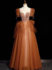 Caramel Tulle Puff Sleeve Beading Prom Dresses