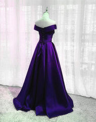 Simple Off Shoulder Satin Long Prom Dress, Dark Purple Party Dress Evening Gown