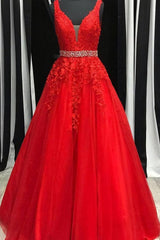 Red Lace Prom Dresses, Applique Party Dresses, A Line Evening Prom Dresses