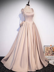 Champagne A-Line Satin Long Prom Dress, Champagne Evening Dresses