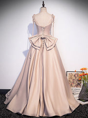 Champagne A-Line Satin Long Prom Dress, Champagne Evening Dresses