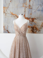 Champagne A Line Spaghetti Strap Sequins Long Prom Dresses Evening Dresses