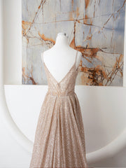 Champagne A Line Spaghetti Strap Sequins Long Prom Dresses Evening Dresses