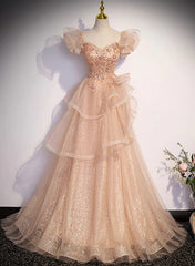 Champagne A-Line Tulle BeadedLong Prom Dresses, Champagne Formal Dresses