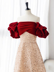 Champagne A-Line velvet Long Prom Dresses, Champagne Tulle Sequin Long Formal Dresses