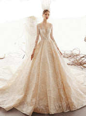 Champagne Ball Gown Lace Long Sleeve Beading Wedding Dresses With Long Train