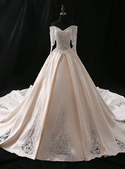 Champagne Ball Gown Satin Appliques Off The Shoulder Wedding Dresses