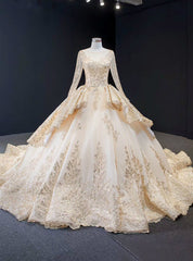 Champagne Ball Gown Satin Sequins Long Sleeve Wedding Dresses With Train