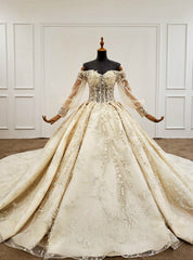 Champagne Ball Gown Tulle Appliques Beading Sequins Off the Shoulder Wedding Dresses