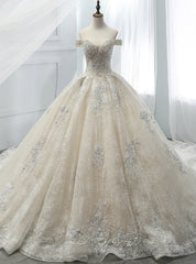 Champagne Ball Gown Tulle Appliques With Beading Off The Shoulder Wedding Dresses