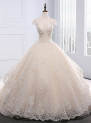 Champagne Ball Gown Tulle Beading Backless Wedding Dresses