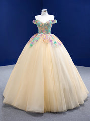 Champagne Ball Gown Tulle Colorful Appliques Prom Dresses